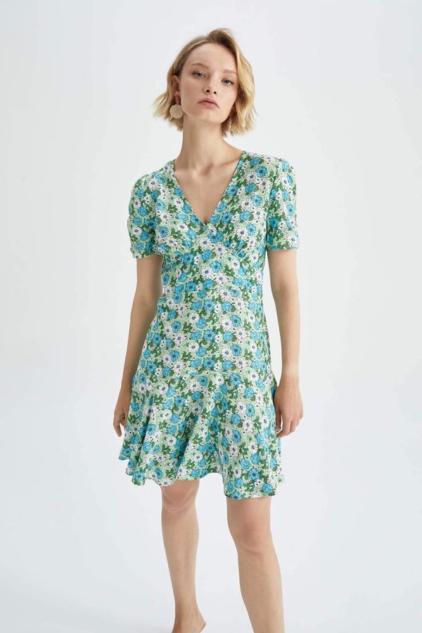 DEFACTO DEFACTO V Neck Floral Mini Short Sleeve Dress