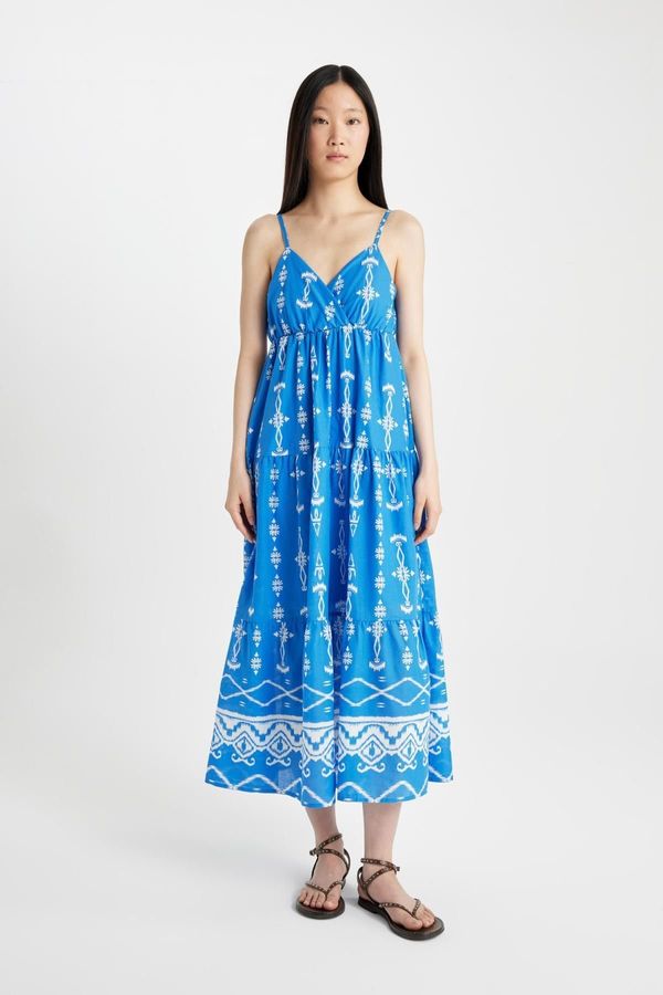 DEFACTO DEFACTO V-Neck Patterned Voile Strap Maxi Dress