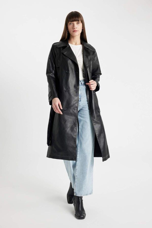 DEFACTO DEFACTO Water Repellent Faux Leather Trench Coat Double Breasted Collar Buttoned Belt Pocket