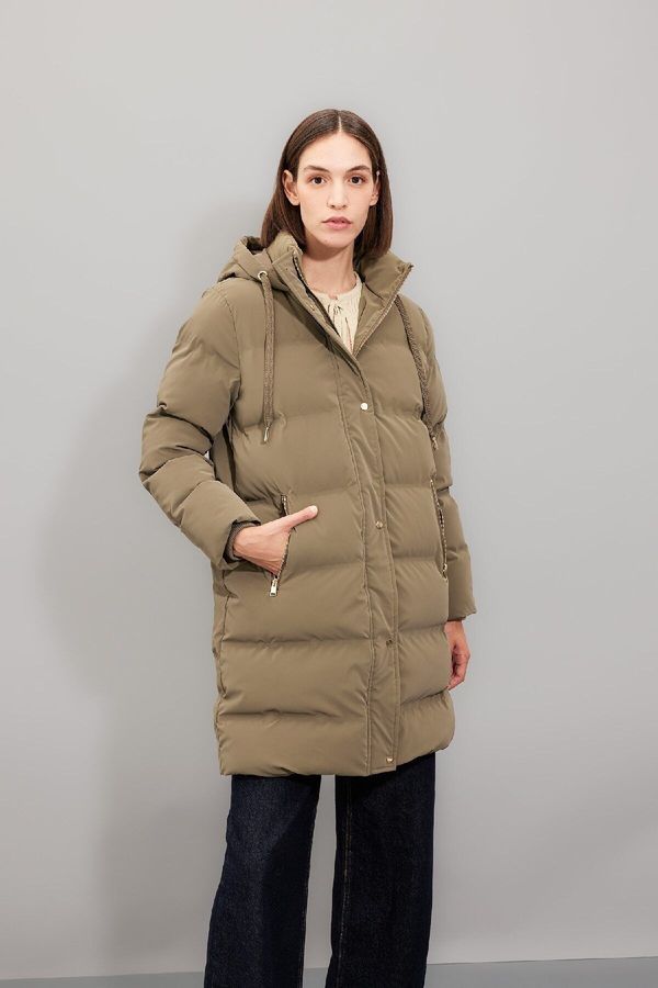 DEFACTO DEFACTO Water Repellent Hooded Zipper Snap Closure Pocket Long Puffer Coat Parka