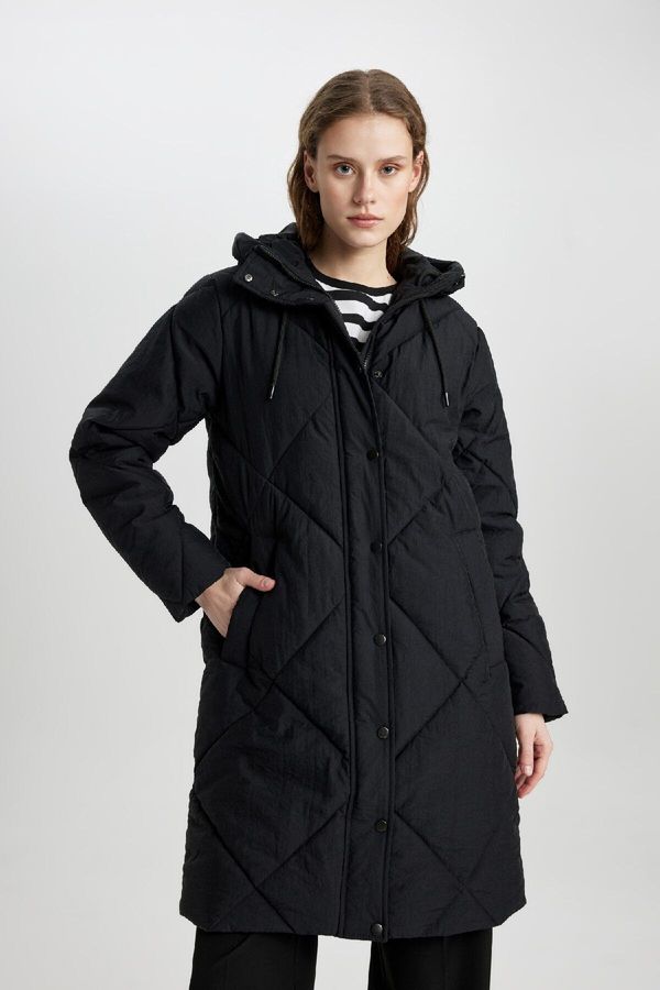 DEFACTO DEFACTO Water Repellent Hooded Zipper Snap Closure Pocket Quilted Long Coat Parka