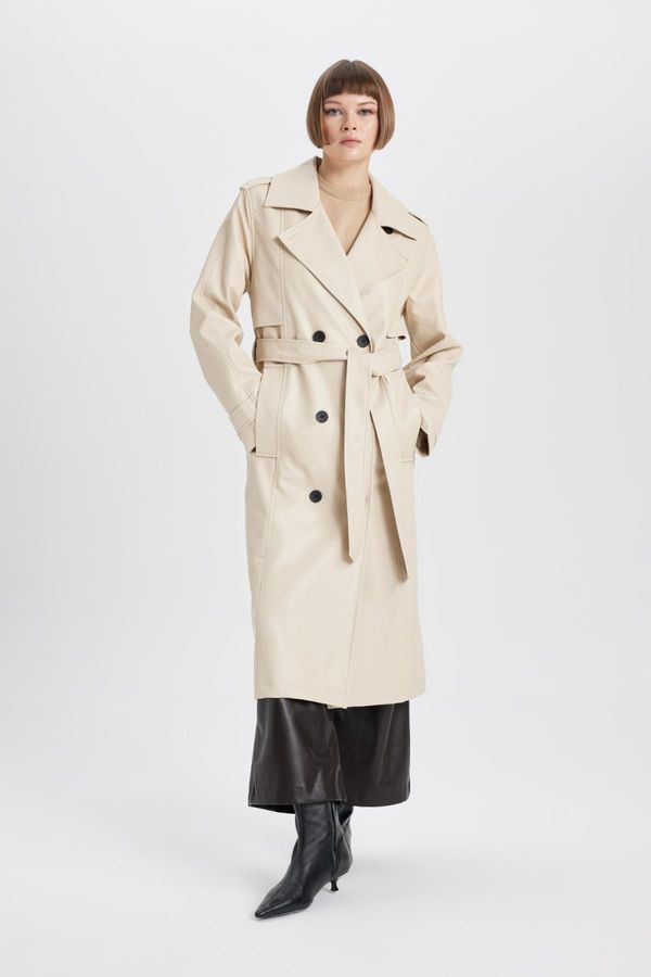 DEFACTO DEFACTO Water Repellent Regular Fit Double Breasted Collar Button Closure Belted Pocket Faux Leather Trench Coat