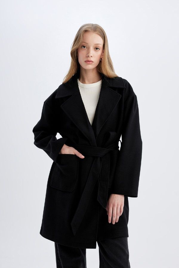 DEFACTO DEFACTO Water Repellent Regular Fit Double Breasted Collar Button Closure Belted Pocket Unlined Long Cashmere Coat