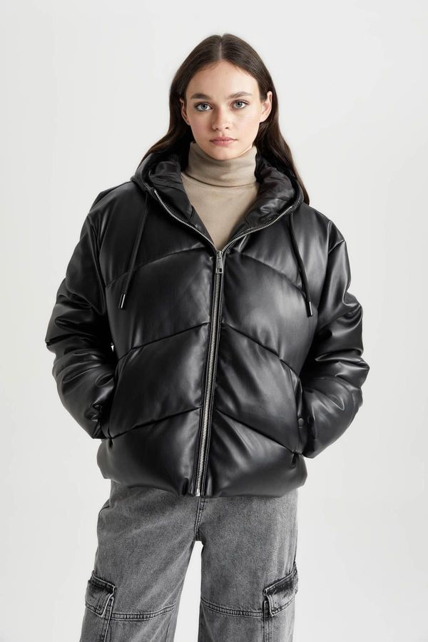 DEFACTO DEFACTO Waterproof Hooded Faux Leather Puffer Jacket