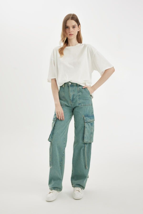 DEFACTO DEFACTO Wide Leg Cargo High Waist Long Jean Washed Trousers