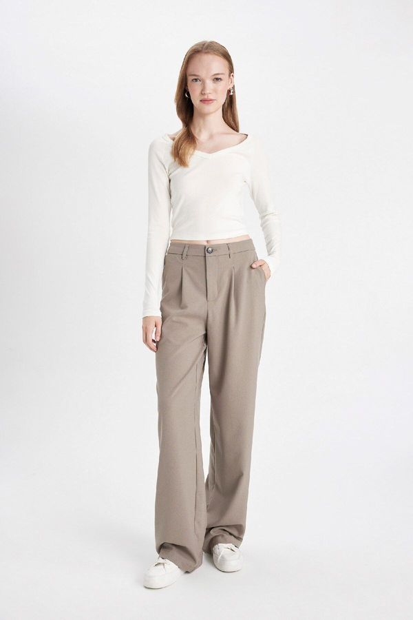 DEFACTO DEFACTO Wide Leg Wide Leg Double Pocket High Waist Standard Length Basic Plain Classic Trousers