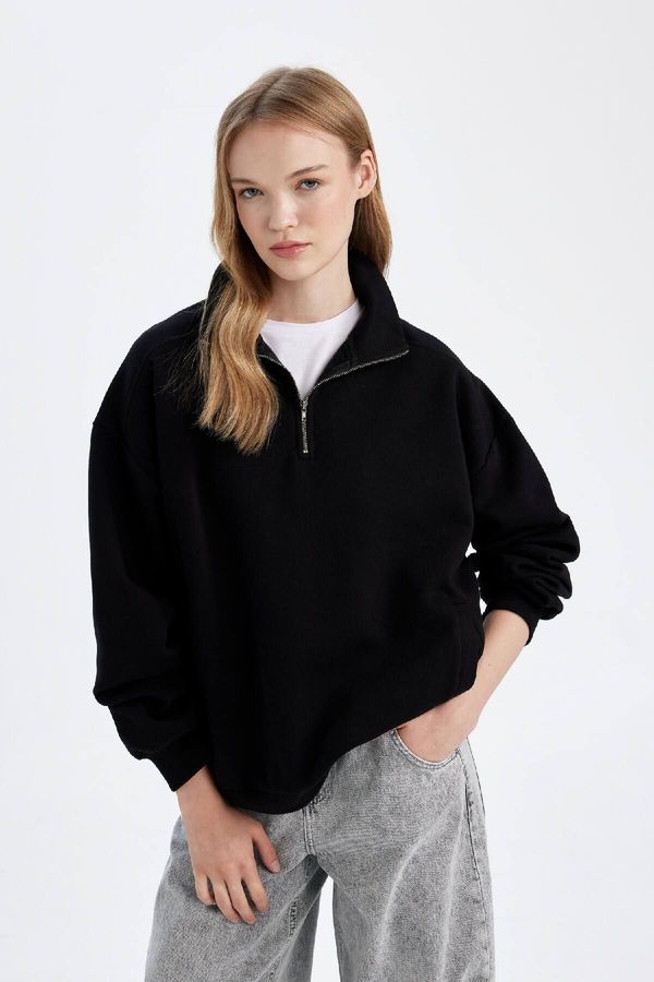 DEFACTO DEFACTO Women's Black Oversize Fit Wide Mold Half Zipper Basic Plain Thick Sweatshirt