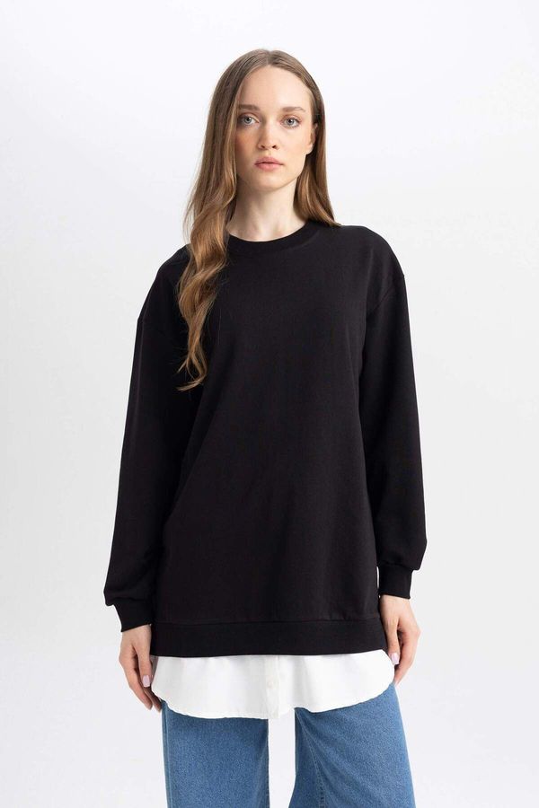 DEFACTO DEFACTO Women's Black Regular Fit Crew Neck Hem Detailed Basic Plain Sweatshirt Tunic