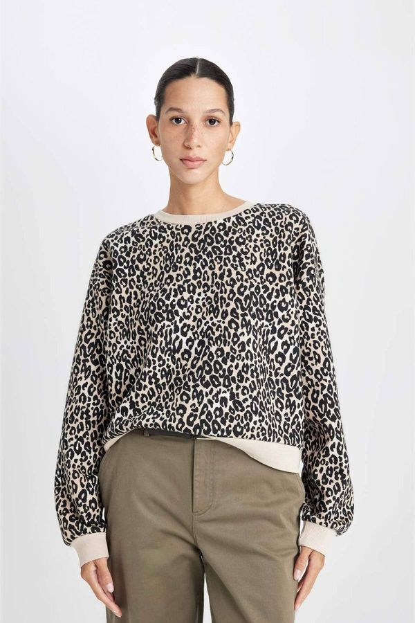 DEFACTO DEFACTO Women's Boxy Fit Crew Neck Leopard Patterned Thick Sweatshirt