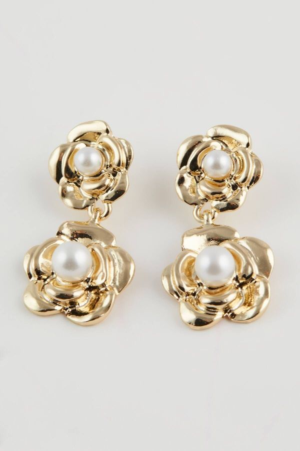 DEFACTO DEFACTO Women's Flower Patterned Pearl Gold Earrings