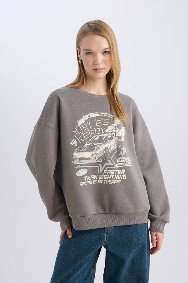 DEFACTO DEFACTO Women's Gray Cool Oversize Fit Wide Pattern Crew Neck Printed Thick Sweatshirt