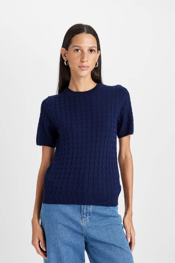 DEFACTO DEFACTO Women's Navy Blue Regular Fit Crew Neck Knitted Short Sleeve Sweater