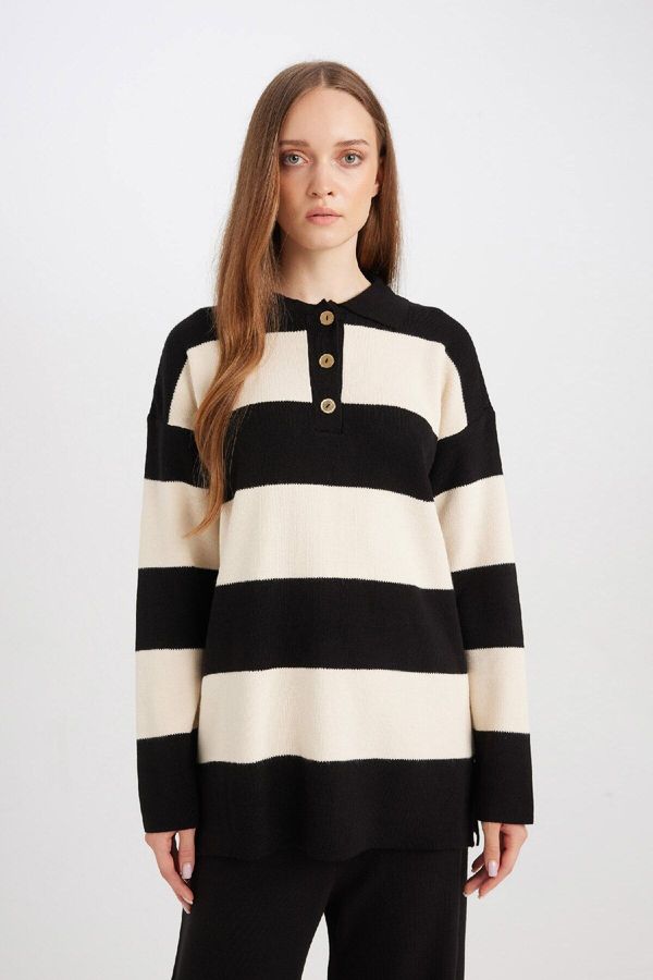 DEFACTO DEFACTO Women's Regular Fit Polo Neck Button Closure Striped Sweater Tunic