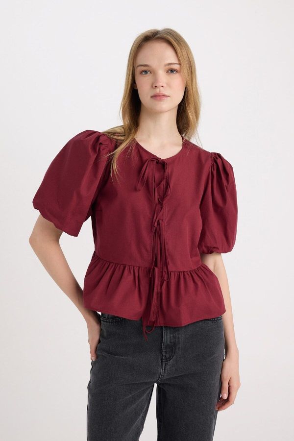 DEFACTO DEFACTO Women's Regular Fit Round Neck Tie Front Poplin Short Sleeve Blouse