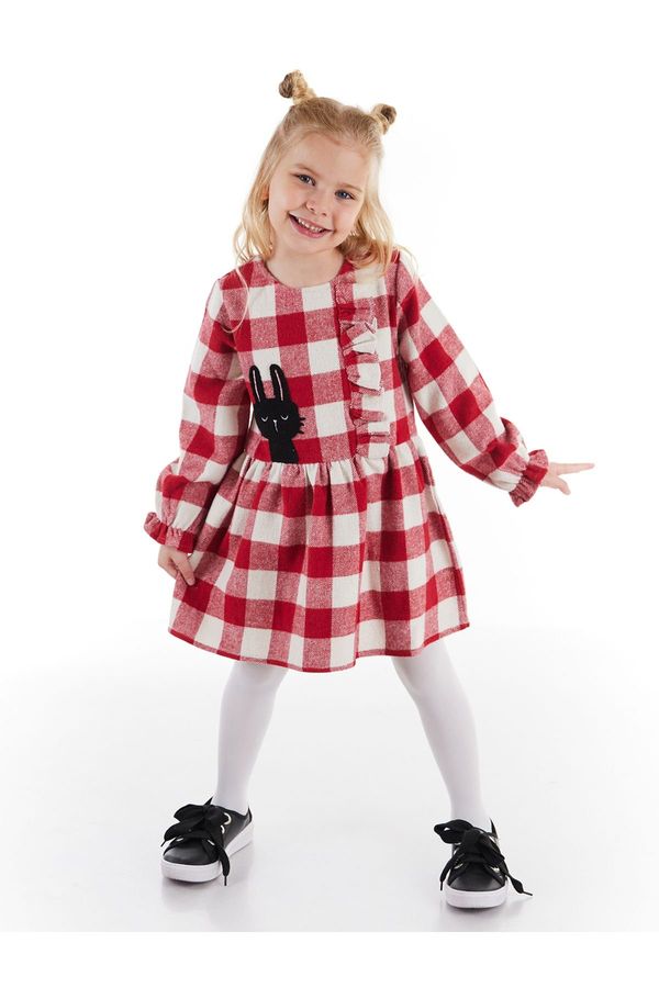 Denokids Denokids Black Rabbit Red Plaid Girl's Dress with Elastic Sleeves