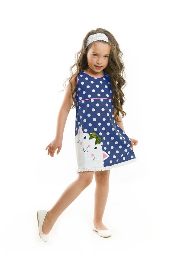 Denokids Denokids Cat and Polka Dot Girl's Navy Blue Summer Poplin Dress