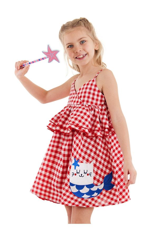 Denokids Denokids Cat Girl's Red Plaid Ruffle Strap Dress