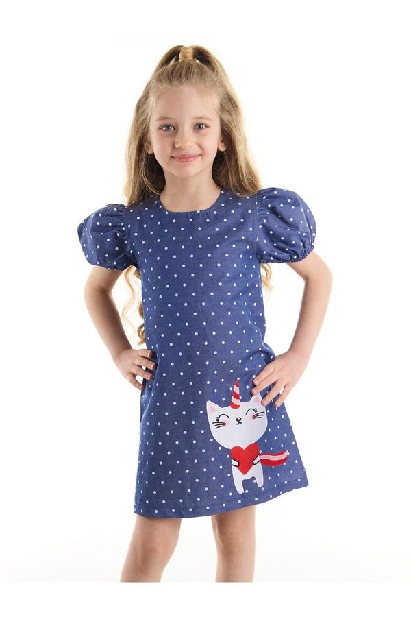 Denokids Denokids Kedicorn Girl's Woven Polka Dot Navy Blue Summer Dress