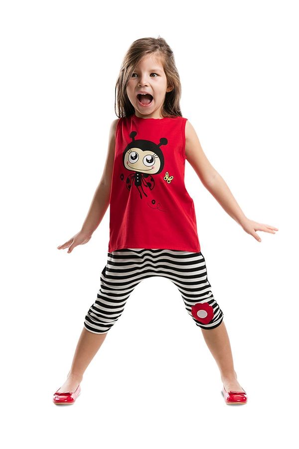 Denokids Denokids Red Ladybug Striped Girl's Summer T-shirt Capri Shorts Set