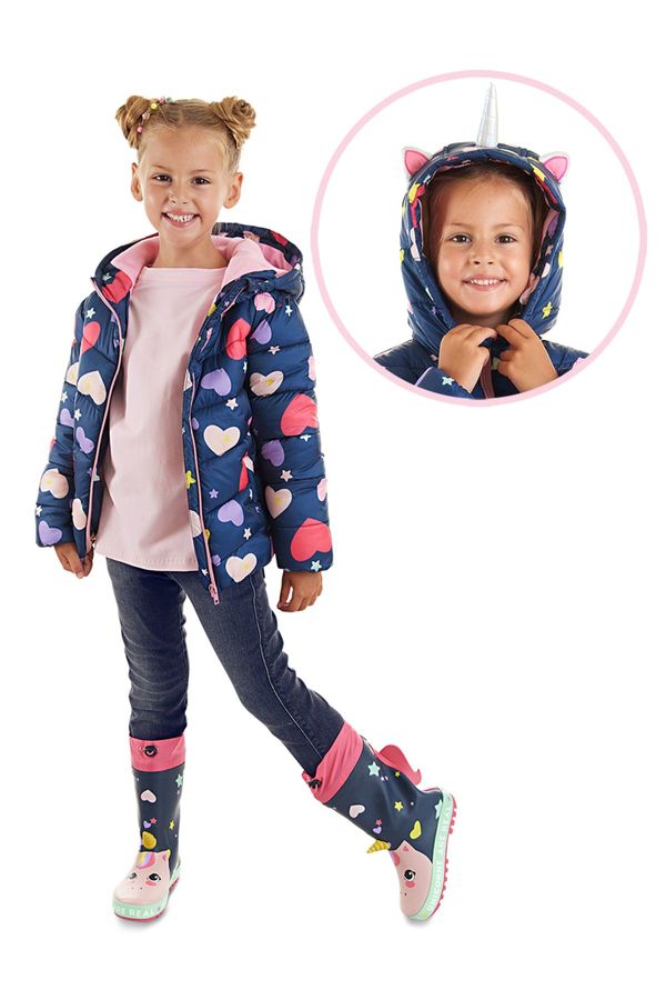 Denokids Denokids Unicorn Girl's Water Repellent Hooded Navy Blue Coat