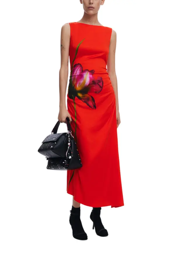 DESIGUAL Desigual rdeča maksi obleka s cvetličnim vzorcem