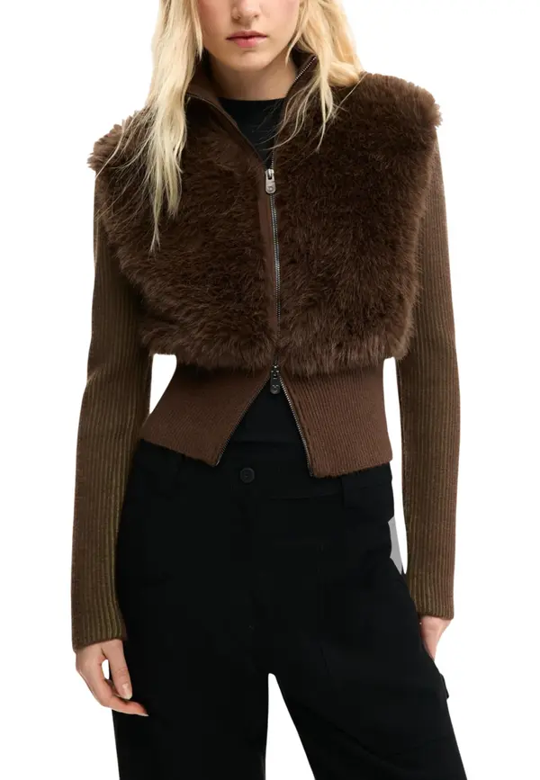 DESIGUAL Desigual rjav kardigan z umetnim krznom
