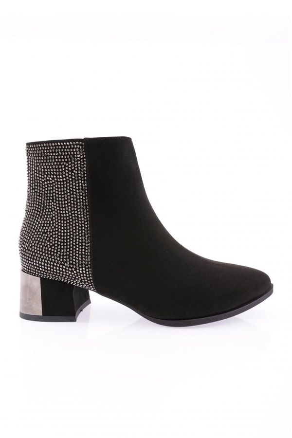 DGN DGN Si-20k Women's 22k Pointed Toe Back Stone Silver Heeled Ankle Boots Black Suede