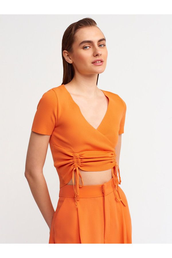 Dilvin Dilvin 10194 Double Breasted Collar Front Gathered Knitwear Crop-orange