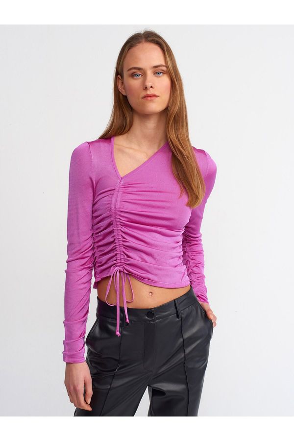 Dilvin Dilvin 10364 Side V Front Gathered Sweater-fuchsia