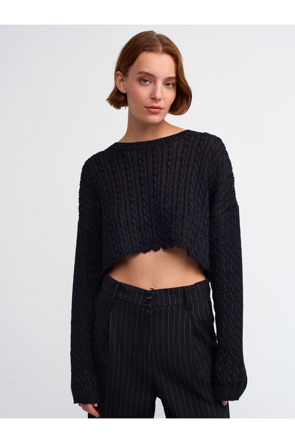 Dilvin Dilvin 10440 Crew Neck Hair Braided Silvery Crop Knitwear-black