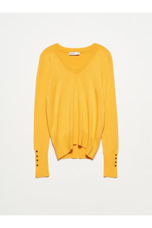 Dilvin Dilvin 2443 V-Neck Sleeve Cuff Drop Sweater-mustard