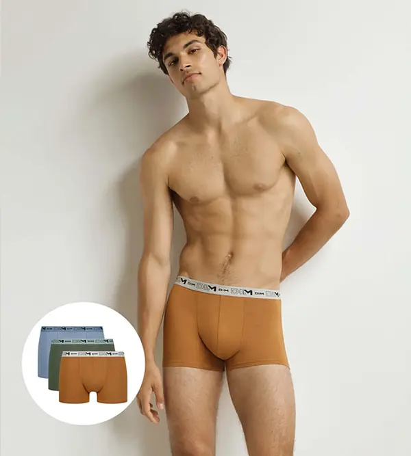 DIM DIM GOTS COTTON STRETCH BOXER 3x - Men's Boxer Shorts Made of Organic Cotton 3 pcs - Orange - Dark Green - Light Brown