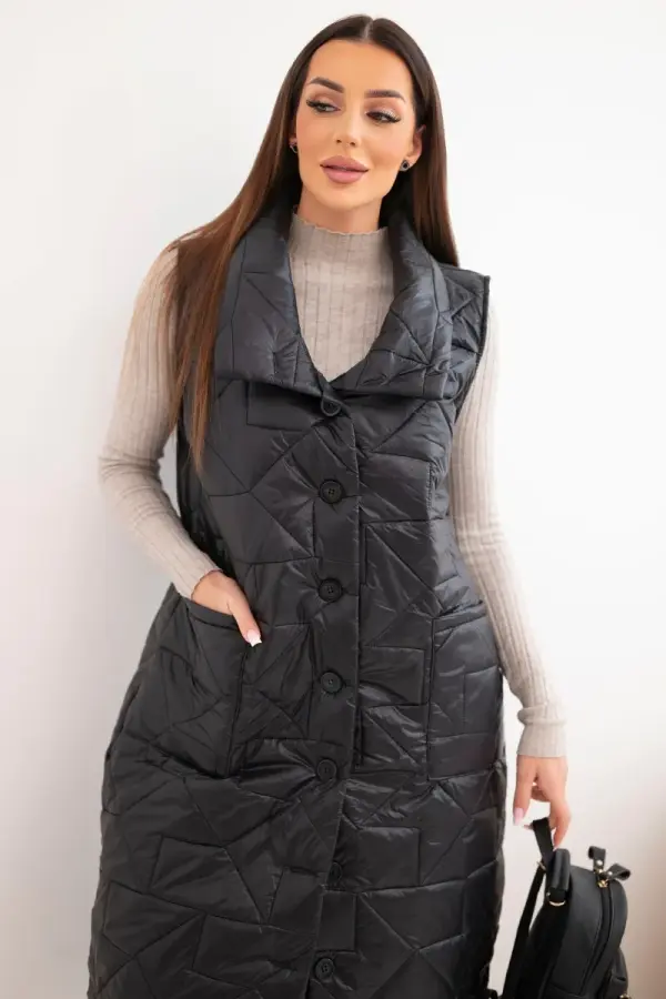 Kesi Włoski Dolg črn prešit telovnik s stoječim ovratnikom