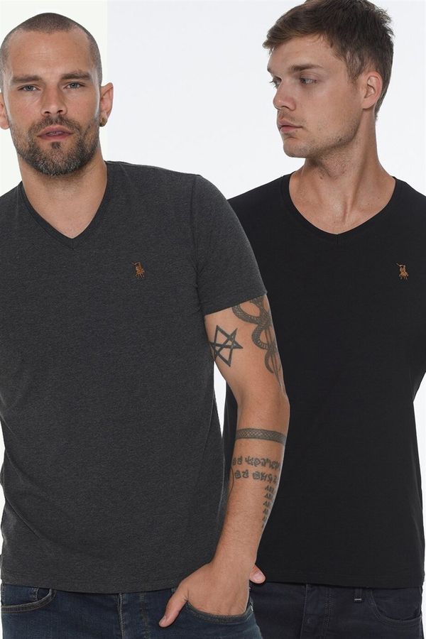 dewberry DOUBLE SET T8568 DEWBERRY V-NECK MEN'S T-SHIRT-BLACK-ANTHRACITE