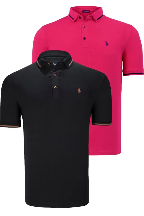 dewberry DOUBLE SET T8586 DEWBERRY MEN'S T-SHIRT-BLACK-FUCHSIA