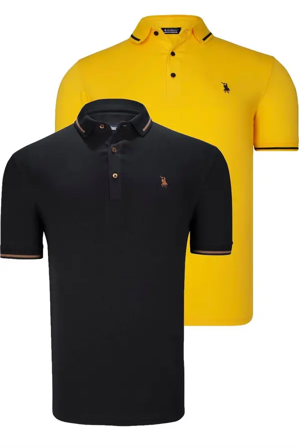 dewberry DOUBLE SET T8586 DEWBERRY MEN'S T-SHIRT-BLACK-YELLOW