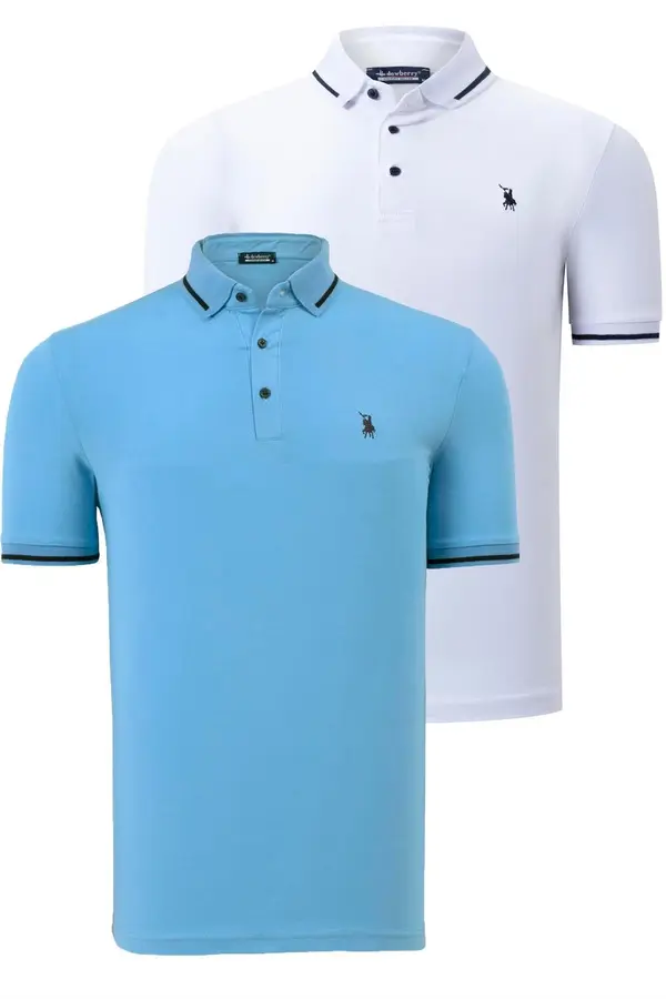 dewberry DOUBLE SET T8586 DEWBERRY MEN'S T-SHIRT-WHITE-LIGHT BLUE