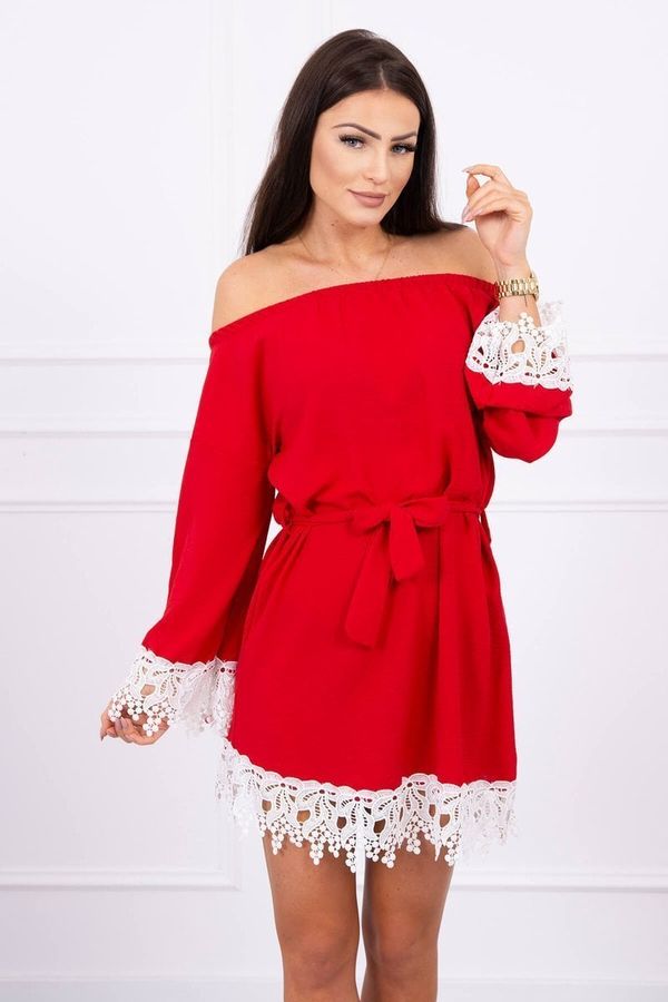 Kesi Dress with lace with waist tie red