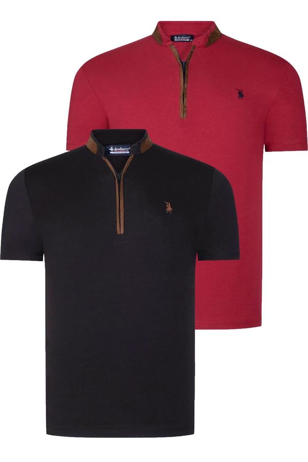 dewberry DUAL SET T8571 DEWBERRY ZIPPER MEN'S T-SHIRT-BLACK-BURGUNDY