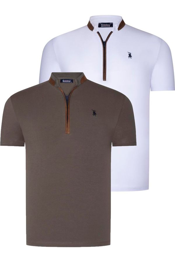 dewberry DUAL SET T8571 DEWBERRY ZIPPER MENS T-SHIRT-WHITE-KHAKI