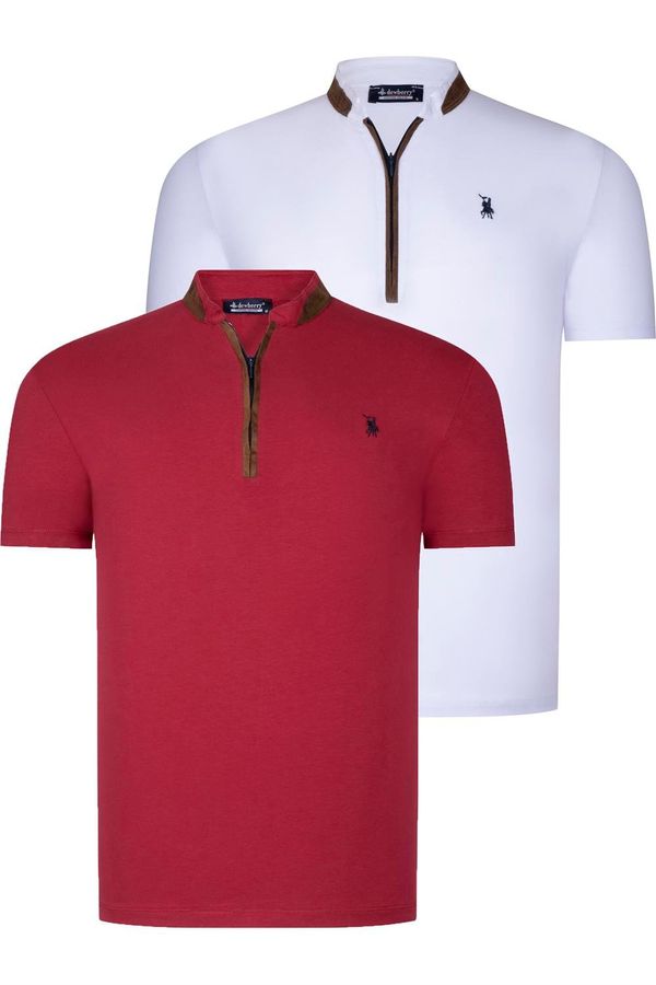 dewberry DUAL SET T8571 DEWBERRY ZIPPERED MENS T-SHIRT-WHITE-BURGUNDY