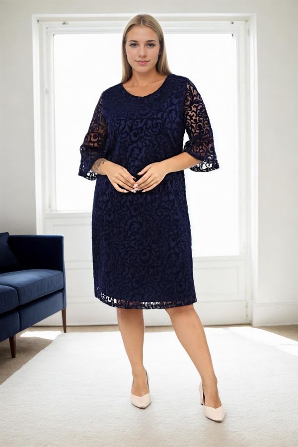 dewberry E2654 Dewberry Spanish Sleeve Plus Size Evening Dress-NAVY BLUE