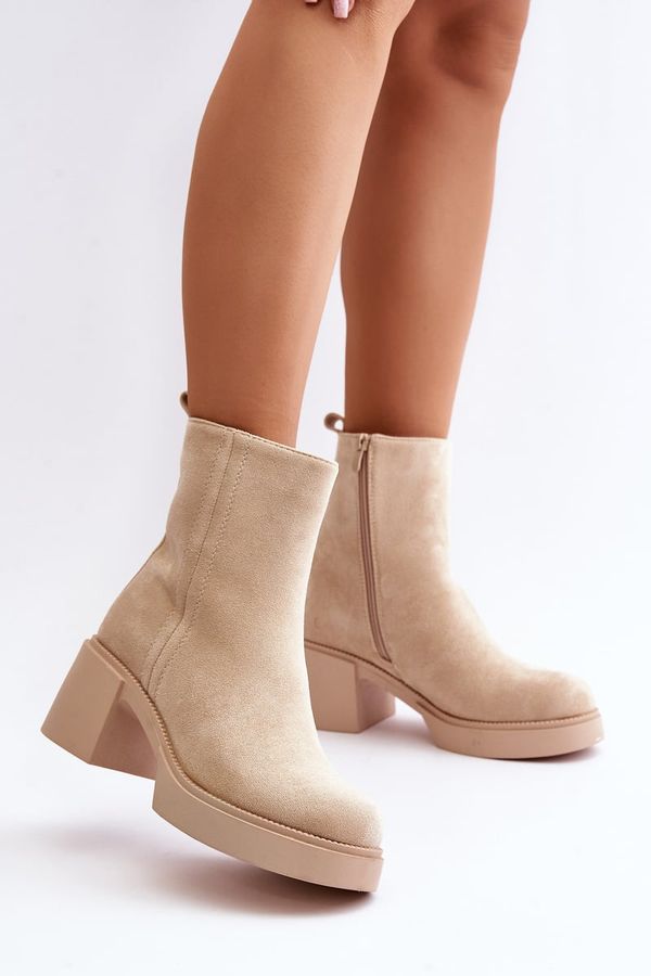 Kesi Eco Suede Women's Ankle Boots On Heel Insulated Light Beige Meriluna