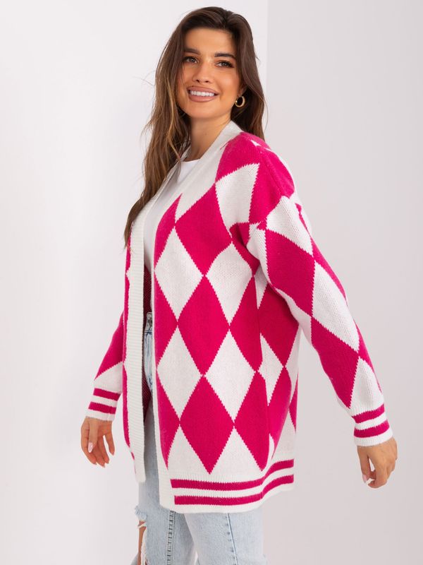 Fashionhunters Ecru and fuchsia cardigan with diamond pattern