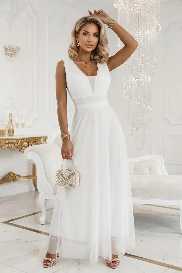 numoco basic Ecru dolga obleka z brokatnim poudarkom