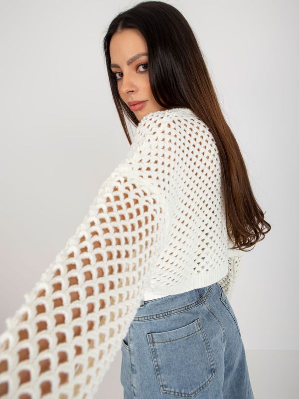 Fashionhunters Ecru short summer sweater with openwork pattern