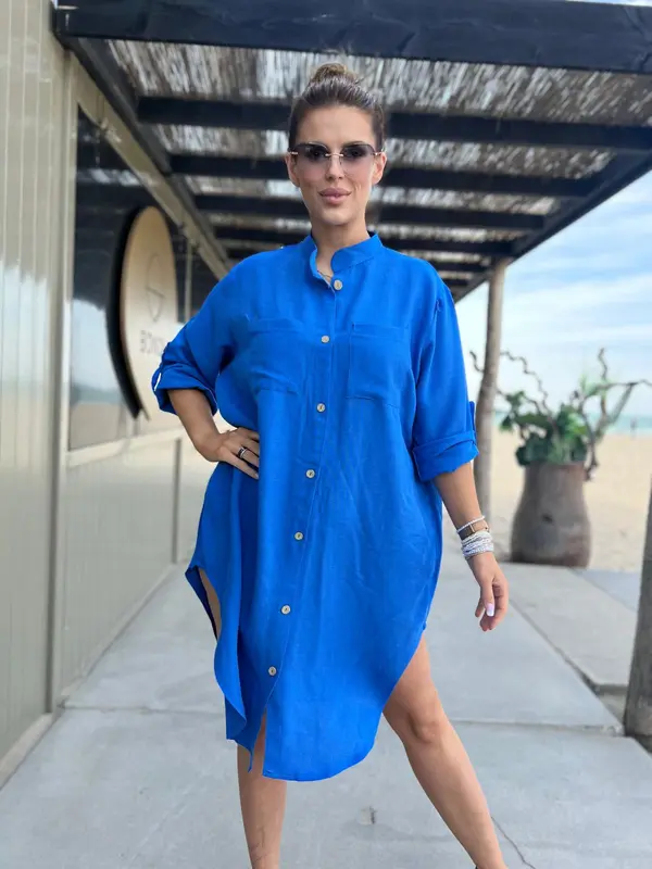 Edoti Edoti Linen, shirt dress with stand-up collar