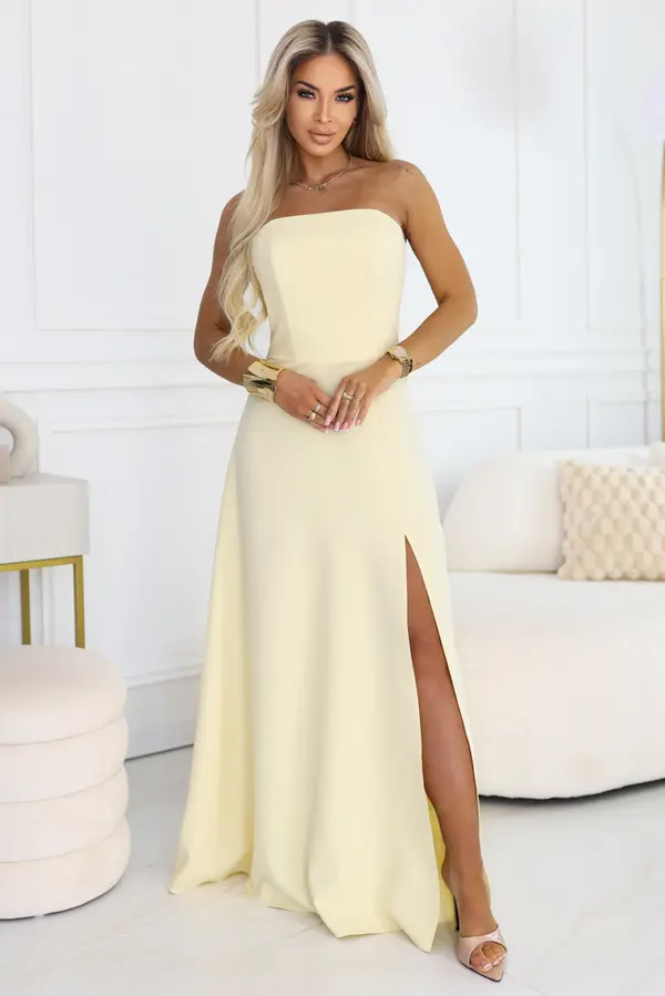 NUMOCO Elara maksi obleka s korzetom in razporkom, rumena