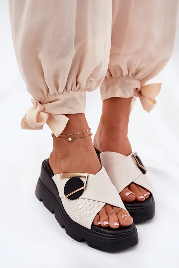 ARTIKER Elegant Ladies Leather Slippers On Wedge With Decoration Beige Artiker