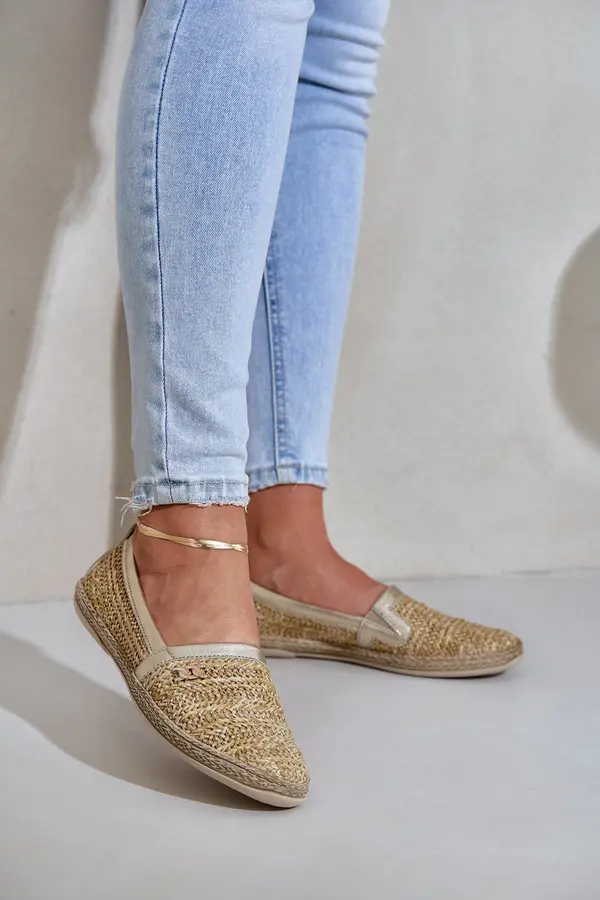 Zazoo Elegant Leather Espadrilles With Weaving Beige-Golden Zazoo 10178